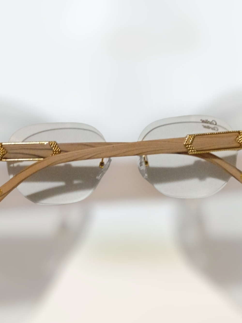 Cartier Rimless Sunglasses in Gold and Beige Wood-Tone